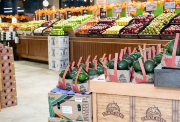 A grocery store display featuring various fruits, with avocados in the foreground and neatly arranged apples and other fruits in the background.